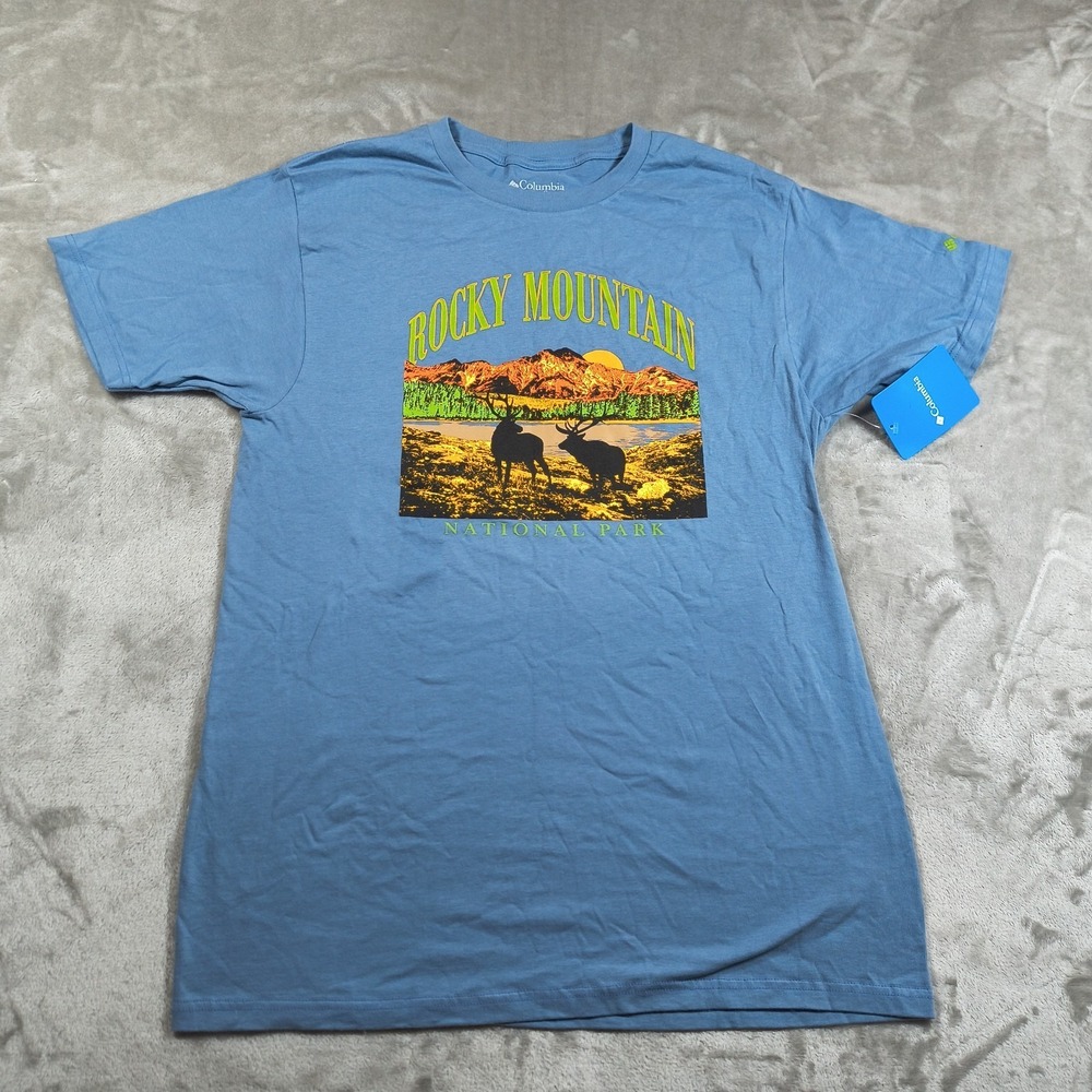 Columbia Rocky Mountain Shirt Mens Medium Blue National Park Deer Outdoor New